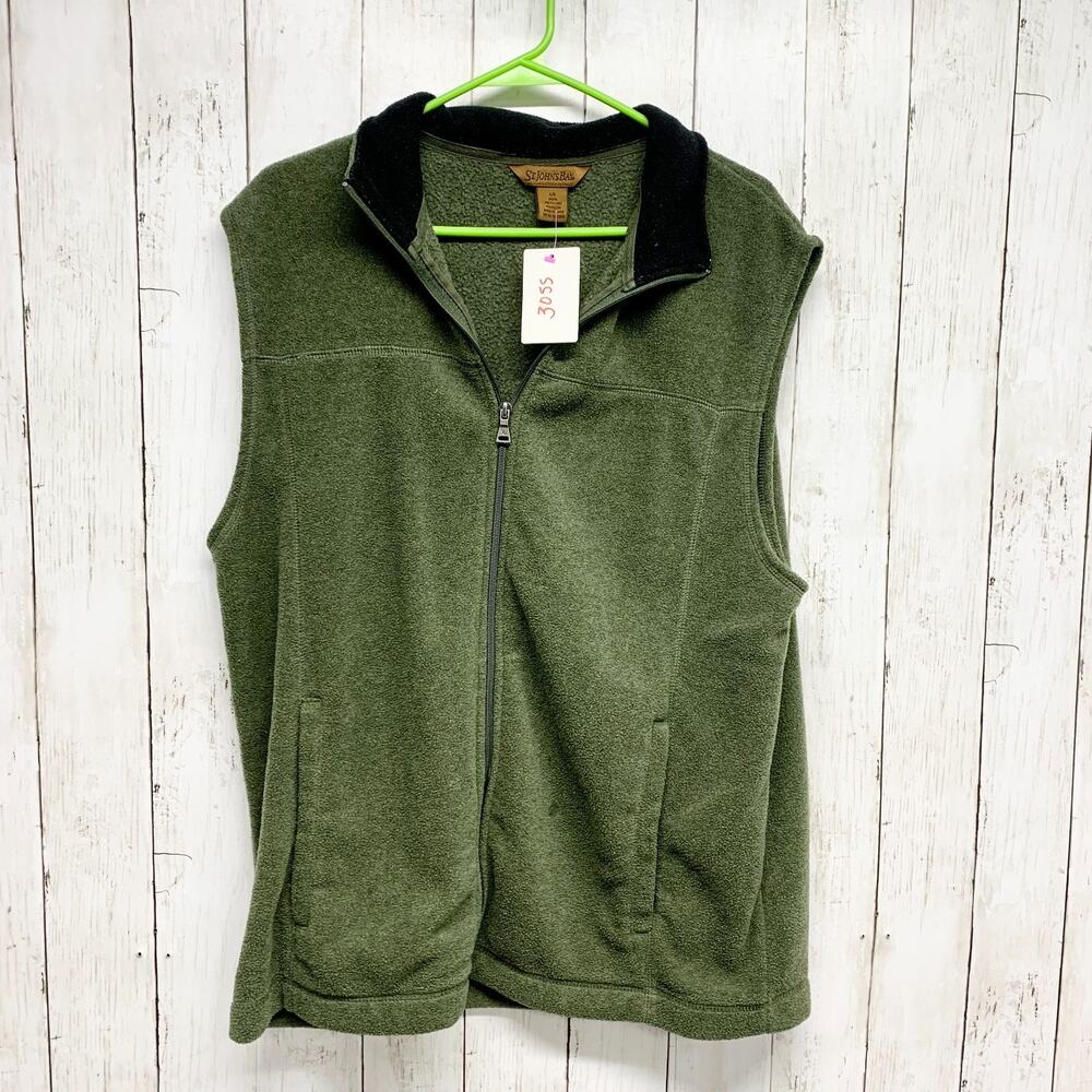 Vintage St. John's Bay Vest Men Size Large Green Collared Full Zip Fleece Pocket